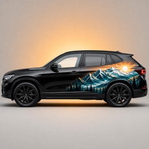 Alpine Mountain Side Decal – Sunrise Peaks and Pine Forest, Adventure SUV Graphics