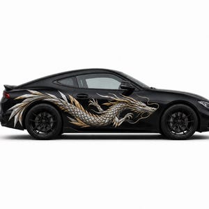 May include: A sleek black sports car featuring a large, detailed decal of a dragon along its side. The dragon design incorporates metallic silver and gold geometric scales, extending from the front door toward the rear fender and trunk area.