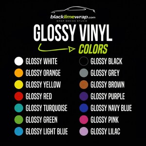 The image is a color chart for glossy vinyl colors, with a list of various colors and their corresponding names.