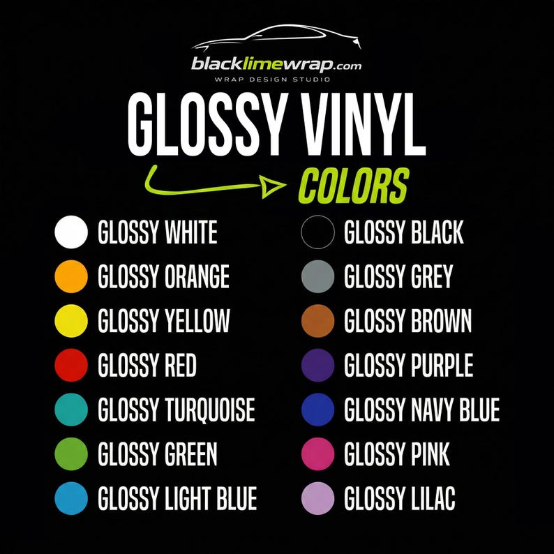 The image is a color chart for glossy vinyl colors, with a list of various colors and their corresponding names.
