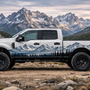 Snowy Mountain Forest Vinyl Decal – Alpine Landscape Car Side Wrap | Adventure Truck Sticker