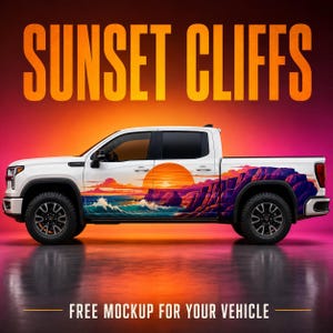 Sunset Cliff Side Decal – Ocean Coast and Orange Sky, SUV Truck Door Graphics