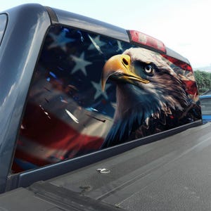 American Bald Eagle Rear Window Decal – Patriotic USA Flag Truck Wrap, Durable Outdoor Vinyl Sticker for Car or Truck Rear Glass