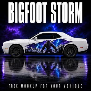 May include: A white two-door coupe vehicle featuring a side graphic decal of a dark Bigfoot silhouette standing before snow-capped mountains and pine trees under a bright blue lightning storm. The text BIGFOOT STORM appears above the car.