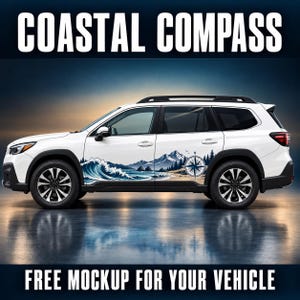 May include: A white SUV featuring a side decal with a coastal landscape, including a large crashing wave, mountains, pine trees, and a nautical compass. The text COASTAL COMPASS and FREE MOCKUP FOR YOUR VEHICLE appear at the top and bottom of the image.