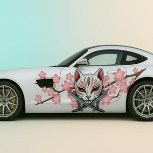 Kitsune Cherry Blossom Car Wrap – Elegant Japanese-Inspired Side Decal for Sports Cars