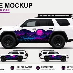 May include: White SUV with a vibrant graphic of a mountain landscape and a setting sun in shades of purple, pink, and blue. The text "FREE MOCKUP FOR YOUR CAR" is at the top. Includes customizable, high-resolution design for both sides.
