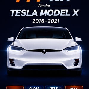 May include: White Tesla Model X car with the text "PARTIAL FRONT PPF KIT" and "Fits for TESLA MODEL X 2016-2021". The image also includes the text "PRE-CUT", "CLEAR PROTECTION FILM", "SELF-HEALING TPU", and "FULL COVERAGE".