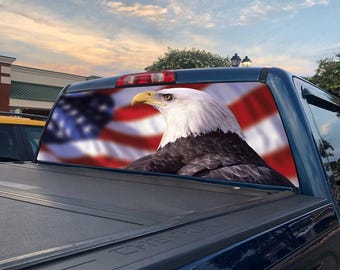 Calcomanía para camión con águila calva - Bandera estadounidense - Envoltura para ventana trasera