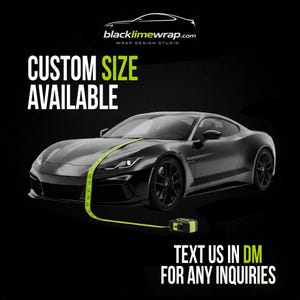 The image is an advertisement for custom car wrap services, featuring a sleek black sports car with a yellow safety tether attached to it.