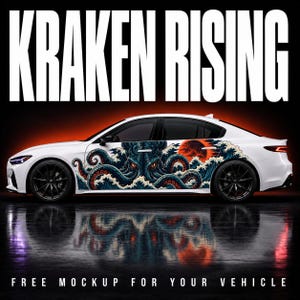 May include: A white sedan featuring a large side decal of a blue octopus emerging from stylized ocean waves with a red sun in the background. The text KRAKEN RISING appears at the top, and FREE MOCKUP FOR YOUR VEHICLE is printed at the bottom.