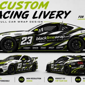 May include: Custom racing livery design for a car, featuring a black, white, and neon green color scheme. The design includes the number 23, sponsor logos, and the text "blacklimewrap.com". The image shows the car from multiple angles.