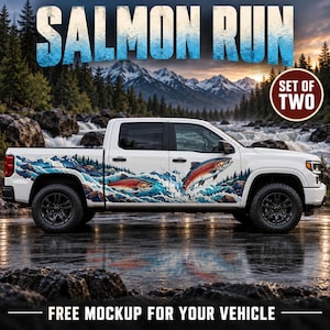 Salmon Run Truck Decals, Mountain River Fishing Graphics (Set of Two)