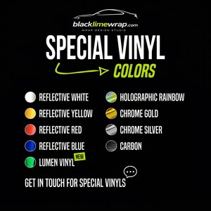 The image is an advertisement for special vinyl colors, featuring a list of various colored vinyls along with a website address and a call to action for customers to get in touch for special vinyls.