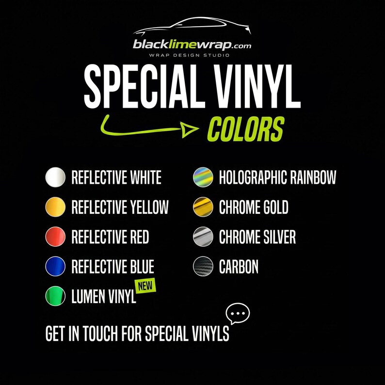 The image is an advertisement for special vinyl colors, featuring a list of various colored vinyls along with a website address and a call to action for customers to get in touch for special vinyls.