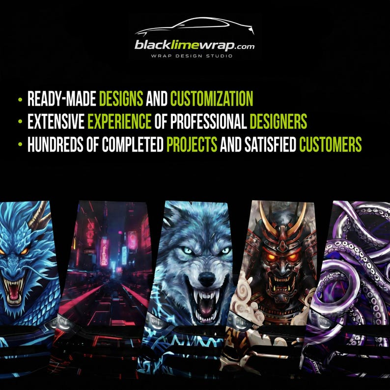 The image is a collage of five different artistic designs, including a dragon, a wolf, an octopus, a Japanese-style mask, and a futuristic cityscape.