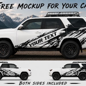 May include: White SUV mockup with black accents and the text "FREE MOCKUP FOR YOUR CAR" and "YOUR TEXT". The design includes a black brushstroke pattern on the side. The bottom of the image shows two additional views of the car.