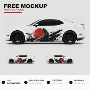 May include: A white car decal design featuring a black samurai silhouette kneeling before a large red sun and a torii gate, accented with black brushstroke graphics. The text reads FREE MOCKUP FOR YOUR CAR, 100% CUSTOMIZABLE, HIGH RESOLUTION, PERFECT FIT, and BOTH SIDES.