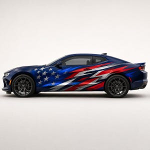 May include: A dark blue sports car featuring a side graphic design with silver stars near the front fender and red, white, and silver abstract lightning-like streaks extending across the doors and rear quarter panel, set on dark grey wheels.