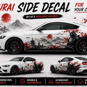 May include: White car with a Japanese samurai side decal. The decal features a red sun, mountains, pagodas, and a samurai warrior. The text "SAMURAI SIDE DECAL" is at the top. The decal is designed for cars and includes both sides.