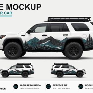 May include: White SUV mockup with a mountain and forest design in teal and black. The image includes the text "FREE MOCKUP FOR YOUR CAR" and additional text indicating the product is customizable, high resolution, and a perfect fit.