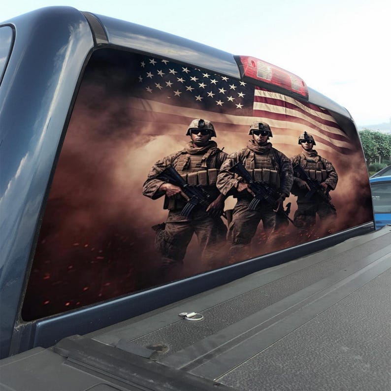 Patriotic Truck Rear Window Decal – US Army Soldiers With American Flag ...