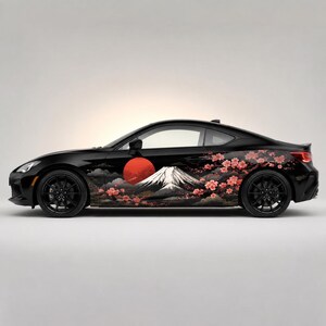 Japanese Mount Fuji Side Decal – Sakura Blossoms and Red Sun, JDM Car Door Graphics