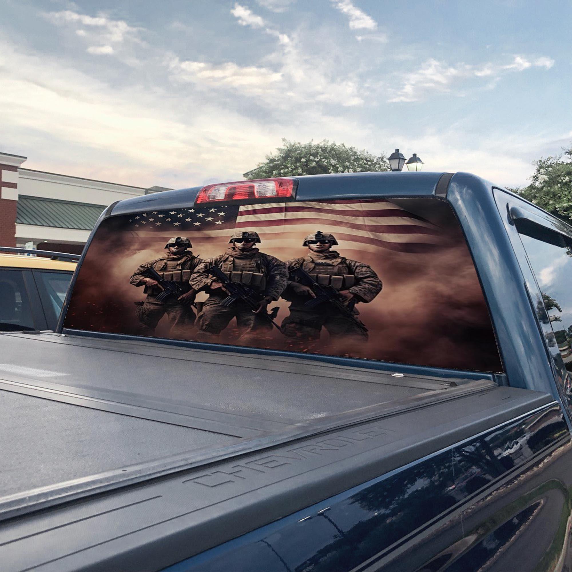 Patriotic Truck Rear Window Decal – US Army Soldiers With American Flag ...