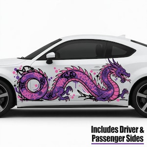 May include: A white car with a large purple and pink dragon graphic on the side. The dragon design has a graffiti style with dripping paint and the text "Includes Driver & Passenger Sides".
