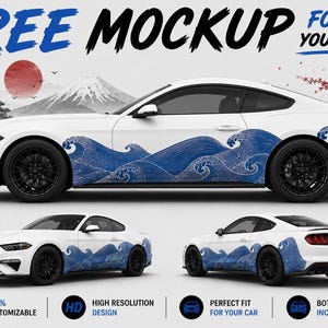May include: White car mockup with blue wave design. The image includes the text "FREE MOCKUP FOR YOUR CAR". The design is 100% customizable, high resolution, and a perfect fit for your car. Both sides are included.