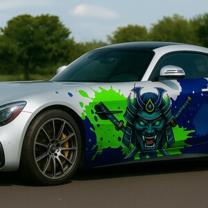Custom Samurai Car Wrap — Side-Only Samurai Graphic with Blue & Green Splashes for Cars and Trucks