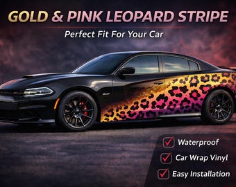 Gold Pink Leopard Car Stripe Vinyl Wrap | Animal Print Vehicle Graphic (Set of 2)