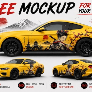 May include: A yellow car mockup with a Japanese geisha design. The car features a geisha with a sword, cherry blossoms, and a mountain landscape. The text "FREE MOCKUP FOR YOUR CAR" is at the top.