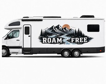 Adesivo Roam Free RV, Envelopamento de Vinil Mountain River, Gráfico Lateral Black Forest