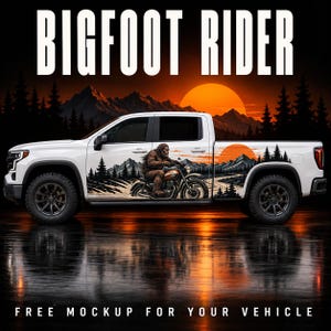 May include: A white pickup truck featuring a graphic decal of Bigfoot riding a motorcycle through a mountain landscape at sunset. The text BIGFOOT RIDER appears at the top, and FREE MOCKUP FOR YOUR VEHICLE is printed at the bottom of the image.