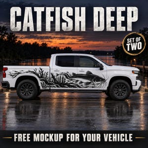 Catfish Deep Truck Side Decals, Catfish River Fishing Vinyl Graphics, Set of Two