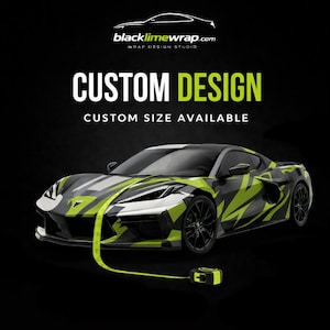May include: A sports car featuring a black, white, and lime green geometric wrap design. A yellow measuring tape is draped over the hood. Text reads: blacklimewrap.com WRAP DESIGN STUDIO, CUSTOM DESIGN, and CUSTOM SIZE AVAILABLE.