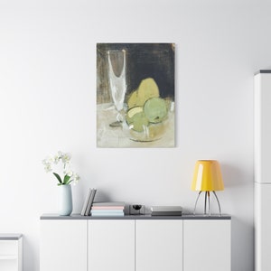 May include: A still life painting of a glass and three green pears on a plate. The background is dark and the painting has a painterly style.