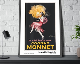 May include: Vintage advertisement poster for Cognac Monnet featuring a woman in a red dress holding a glass of cognac. The poster has a black background with yellow and red accents. The text on the poster reads "...du soleil dans un verre... Cognac Monnet" and "Leonetto Cappiello 1875-1942".