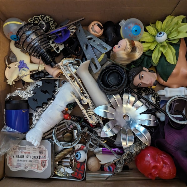 Junk Drawer Collection Feature Doll Parts Skeletons Skull Light Bulb Lamp Finials Vintage Jewelry Keys Flashlight for Assemblage Mixed Media