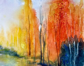 Original Watercolour landscape autumn  orange tree water reflection painting watercolor skills touching gentle loose Watercolor on wet