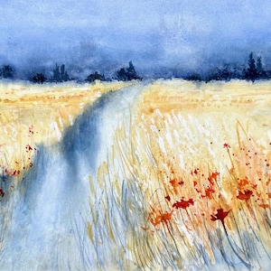 Dipinto ad acquerello originale La strada per i campi dorati al tramonto estivo, campo 21*30 cm, bella vista, regalo per la casa semi-astratto
