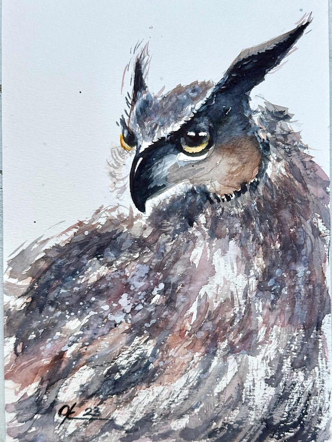 Great Horned Owl Watercolor Painting – Original Wildlife Portrait Art ...