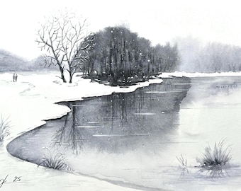 Winter Lake Watercolor Painting: Minimalist Snow Landscape Art