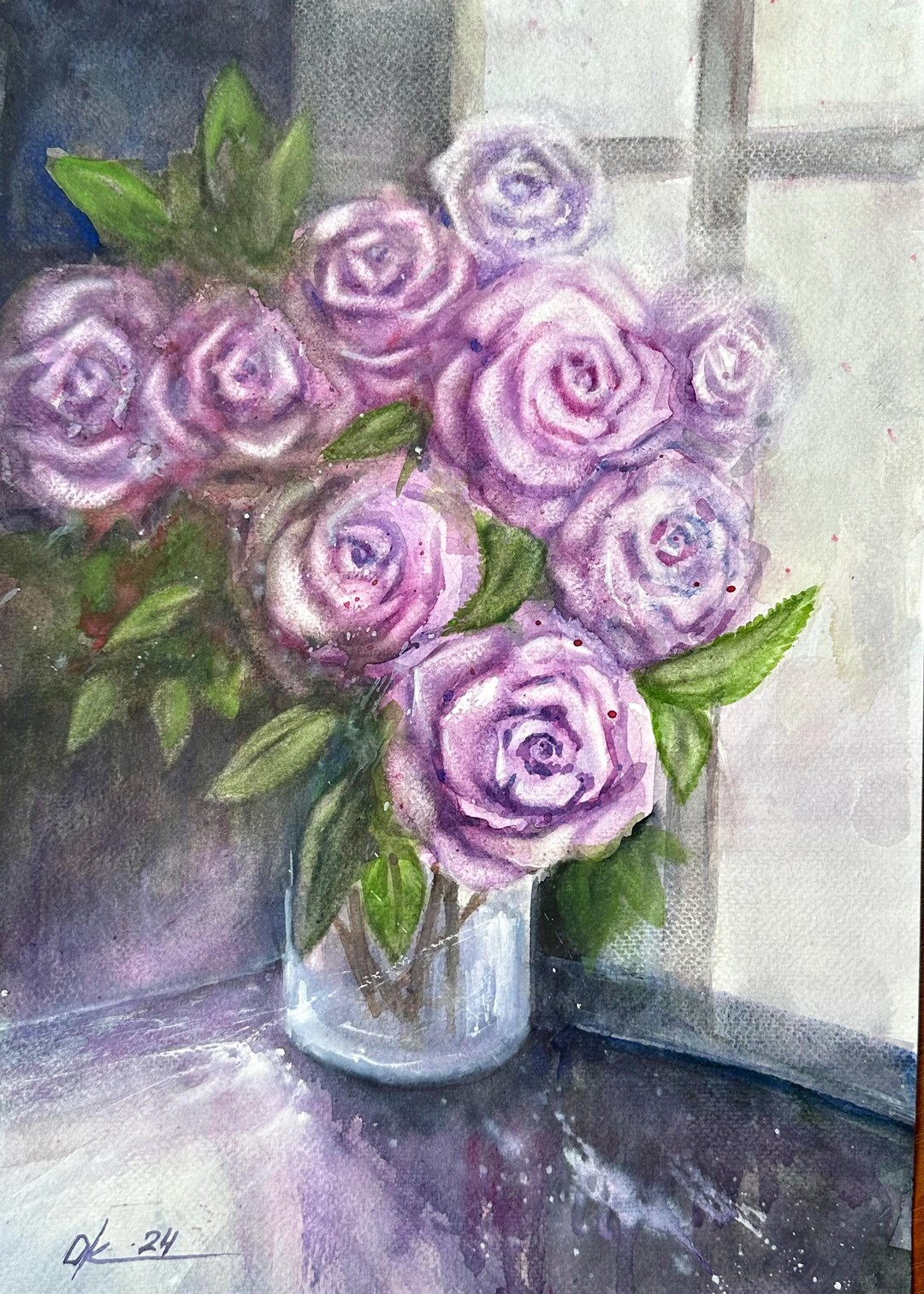 Original Watercolor Painting Lilac Roses, 30/40cm, Purple Flowers in a ...