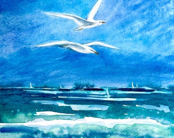 Original Watercolor Seagulls Seascape Painting: Coastal Sailboats Ocean Art