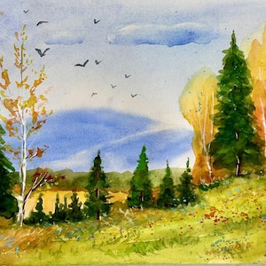 Dipinto ad acquerello originale, paesaggio autunnale, foresta, alberi autunnali, arte, decorazione da parete con albero di pino, illustrazione della natura, 21 x 30 cm. Opera d'arte.