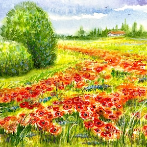 Poppy Field Watercolor Painting: Impressionist Floral Landscape Art, 8.3x11.8&quot;