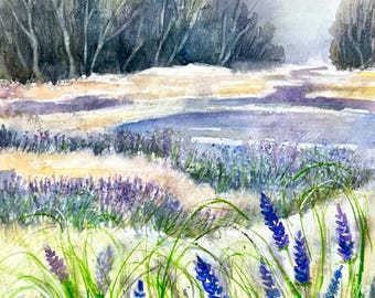 May include: A watercolor painting depicting a landscape with vibrant purple lavender stalks and green grass in the foreground. A calm blue pond sits in the middle ground, surrounded by golden fields and a dense forest of dark trees under a pale sky.