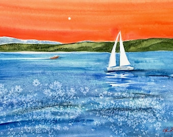 Original Watercolor Sailboat Painting – Seascape with Sunset Sky and Ocean Waves, Nautical Wall Art